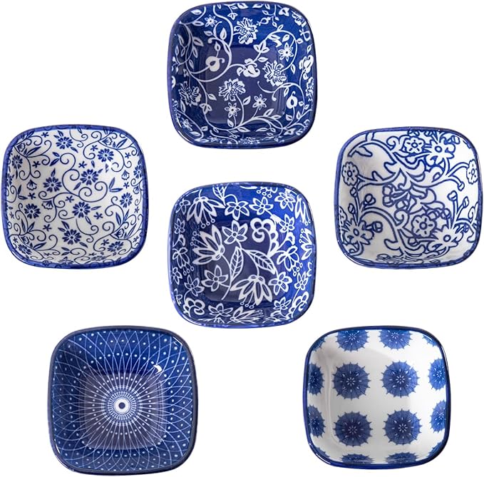 Square Dipping Bowls Set - Mini 3 inch Ceramic Soy Sauce Dishes - 2.6 Oz Small Bowls for Side Dish BBQ, Charcuterie Condiments, Ramekins Pinch Bowls for Kitchen Prep - Set of 6 - Vintage Blue