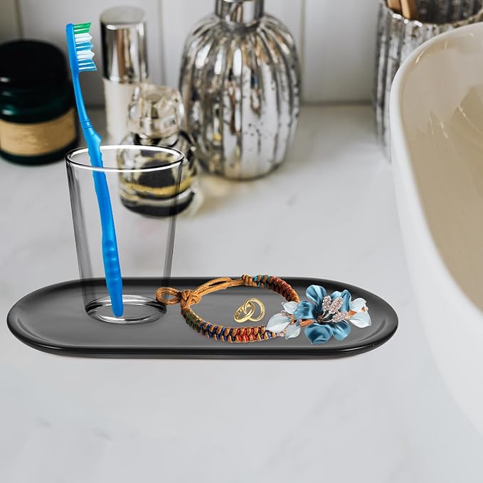 Oval Ceramic Vanity Tray Compact Dark Countertop Storage Organizer for Bathroom Dresser Jewelry Holder Cosmetic Container