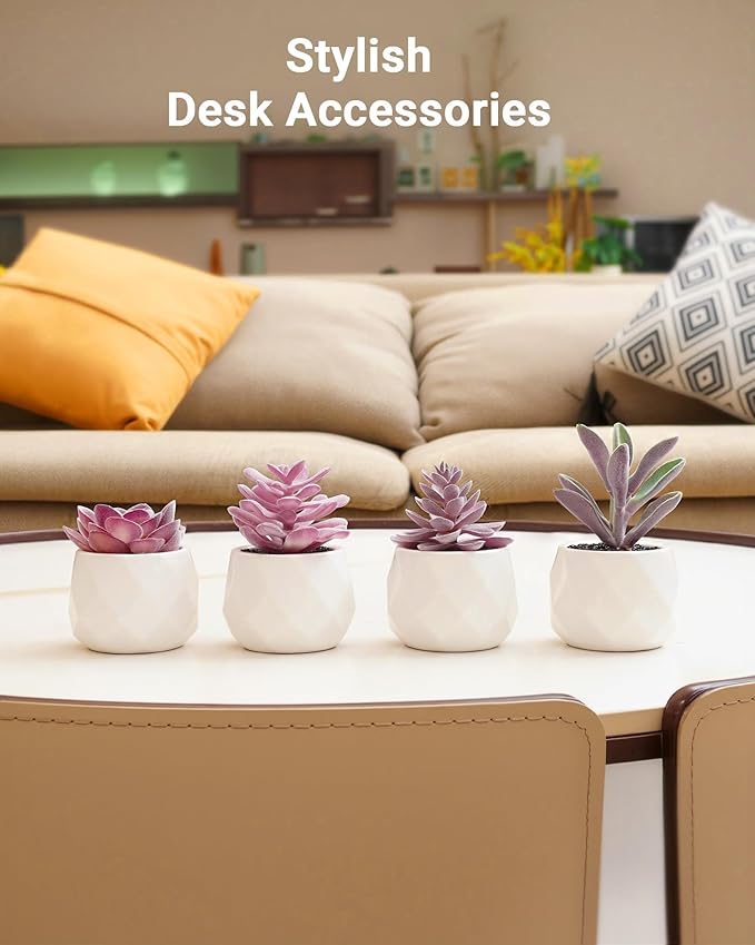 VIVERIE Mini Succulents Plants Artificial in Pots, Christmas Small Fake Plants for Home Decor Indoor for Women, White Ceramic Faux Succulents, Set of 4, Gifts for Mom-Purple