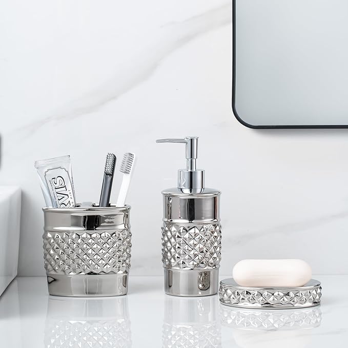 3-Piece Silver Ceramic Bathroom Accessories Set - Luxurious Soap Dispenser, Toothbrush Holder & Soap Dish with Modern Geo Embossed Design for Bathroom Accessory Set