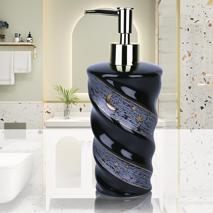 Ceramic Soap Dispenser, Large Capacity Lotion Dispenser with Spiral Galaxy Design - Refillable Press Pump Bottle for Bathroom & Kitchen (14oz, Black)