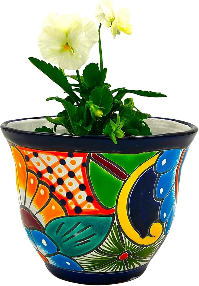 Cactus Canyon Ceramics Talavera Planter Pot, Hand-Painted Mexican Ceramic Pot with Drainage Hole, Indoor Outdoor Rustic Botanical Terracotta, 7.5 Inch, Dark Blue Multicolor