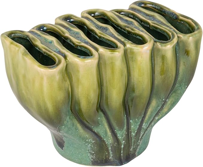 Creative Co-Op Stoneware Sculptural Vase with 6 Sections with Reactive Glaze, Green