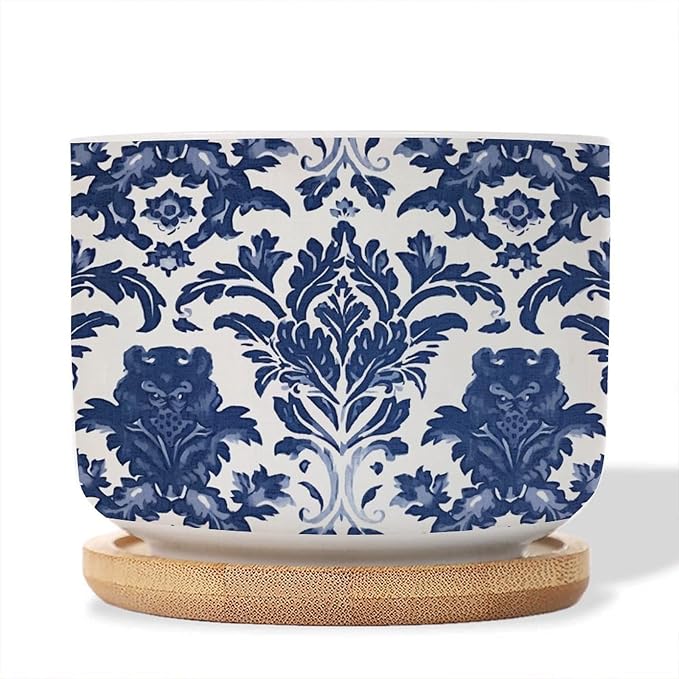 Blue Regalia Lion Ceramics Pots for Plants Set of 1 Indigo Blue Flower Lion Asian Succulents Plants Live with Pot with Drainage Bamboo Trays Chinoiserie Asian Small Ceramics Plant Pot