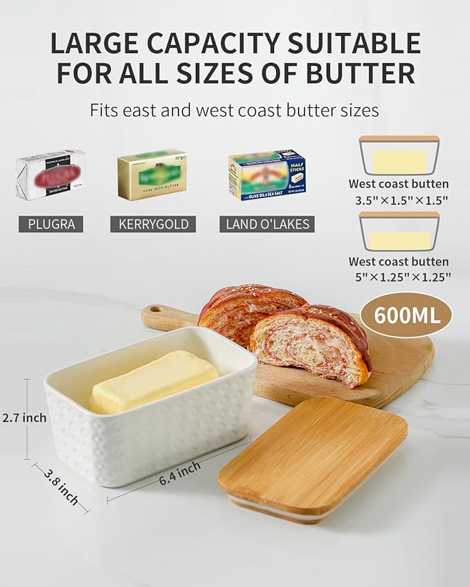 Hasense Butter Dish with Lid- Large Butter Dish for Countertop - Farmhouse Ceramic Butter Container Holder with Cover for Fridge,Silicone Sealing,White Embossed Pattern,Holds Two Sticks of Butter