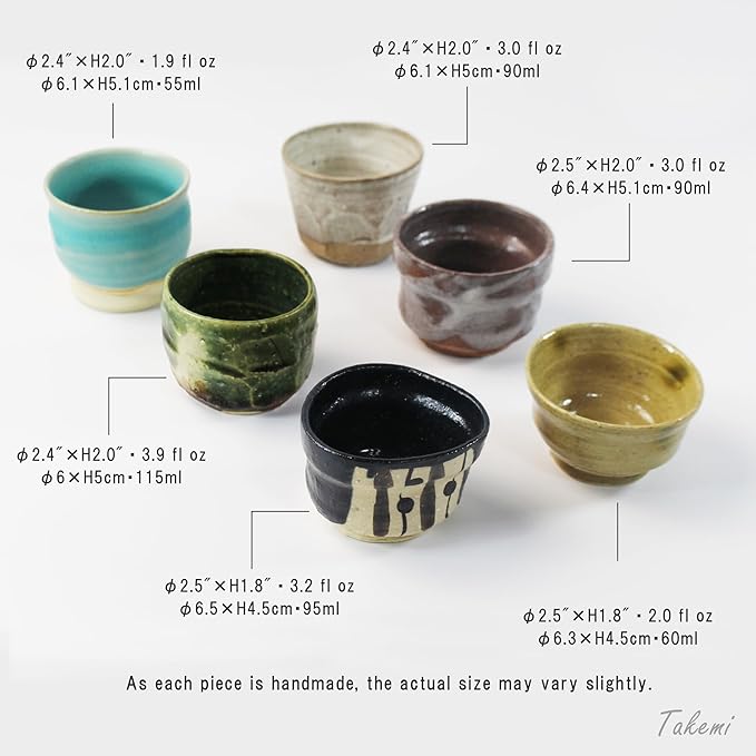 Japanese Sake Cup Set, Mino Ware Guinomi Ceramic Cups with Wooden Box, Traditional Pottery for Sake Tea, Handmade in Japan (Keizan Saku Sake Set (6cups), Cup Size (2.0–3.9 fl oz - 60–115 ml))