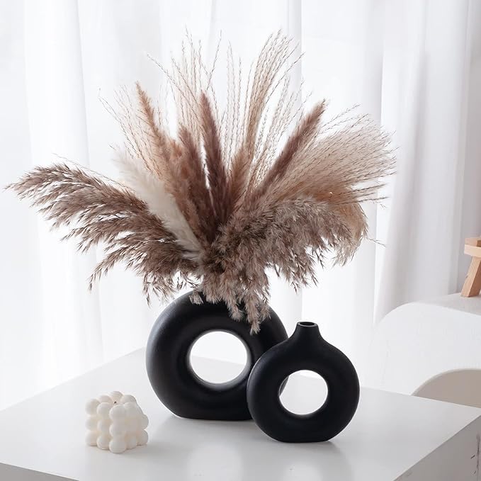 Black Ceramic Donut Vase Set of 2, Big Hollow Round Matte Pampas Flower Vases for Boho Home Wedding Party Room Dinner Table Shelf Decor.