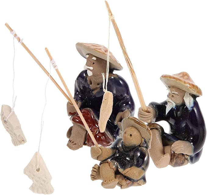 Mikikit 12pcs Miniature Fisherman Figurines Ceramic Old Man Statues for Garden Decor Bonsai and Aquariums Realistic Fishing Models for Landscape and Zen Gardens