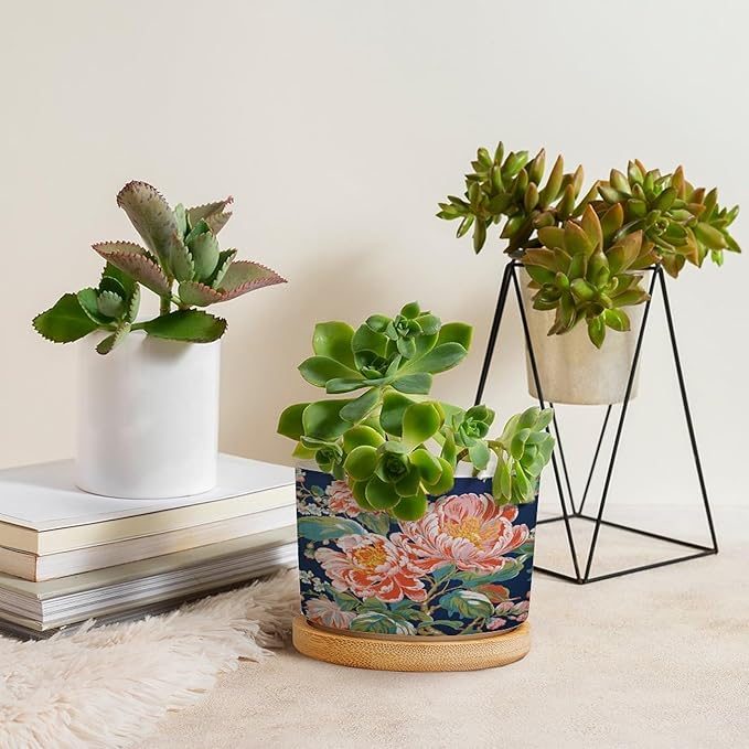 Bright and Chinoiserie Planters Ceramic Coral Peony Floral Round Plant Pot with Drainage Holes and Bamboo Tray Pot for Indoor Outdoor Garden