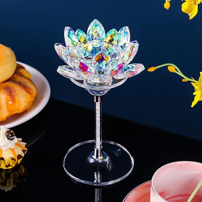 Crystal Candle Holders Set of 2, Lotus Flower Tealight Holders with Clear Glass Base, Rhinestone Stand and Ball, Elegant Table Centerpieces for Home Decor, Wedding, Party