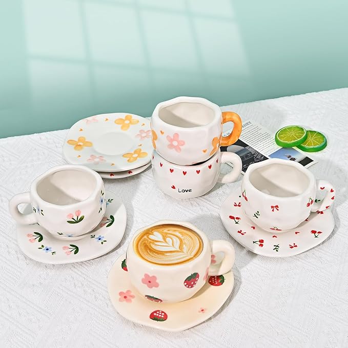 Koythin Ceramic Coffee Mug with Saucer Set, Cute Creative Cherry Bow Cup Unique Irregular Design for Office and Home, 10 oz/300 ml for Latte Tea Milk