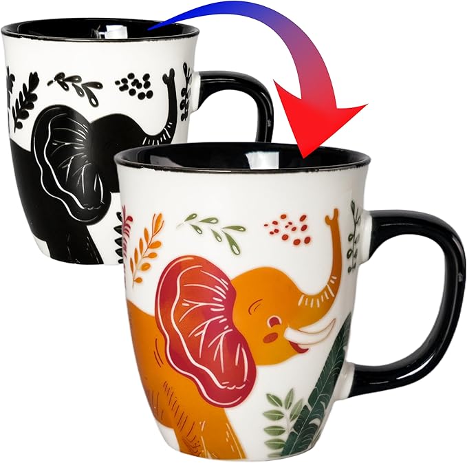 Color Changing Elephant Mug 16oz - Heat Sensitive Cup for Tea Cocoa Milk, Funny Ceramic Coffee Mugs, Birthady Gifts for Women man