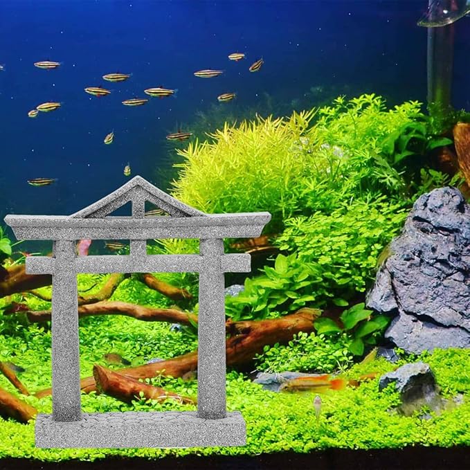 livelyfish Japanese Fish Tank Decorations Asian Aquarium Decor Torii Gate Ornament Japanese Shrine Oriental Pagoda Aquarium Sandstone Bridge Statues Betta Fish Decorations for Tank, S2