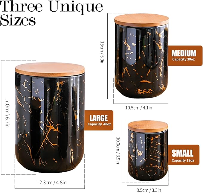 JOJUNO Black Ceramic Canister Set with Bamboo Lid – 3-Piece Airtight Food Storage Jars for Kitchen Counter – Glossy Marble Design, Ideal for Flour, Sugar, Coffee, Tea, Spice – Small, Medium, Large