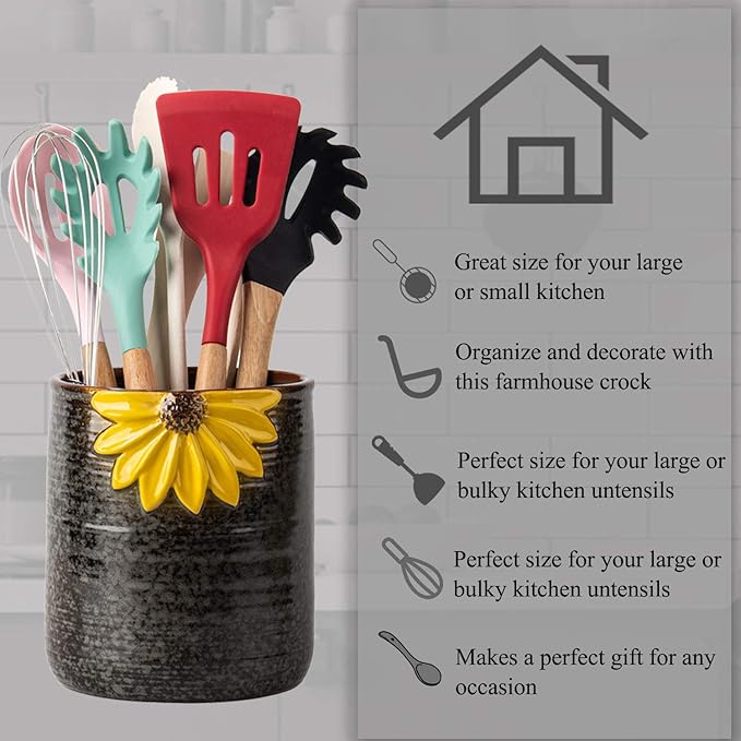 Utensil Crock, Kitchen Utensil Holder, Ceramic Utensil Holder for Countertop, Cooking Utensil Holder for Kitchen Sunflower Decor Large Kitchen Spatula Holder