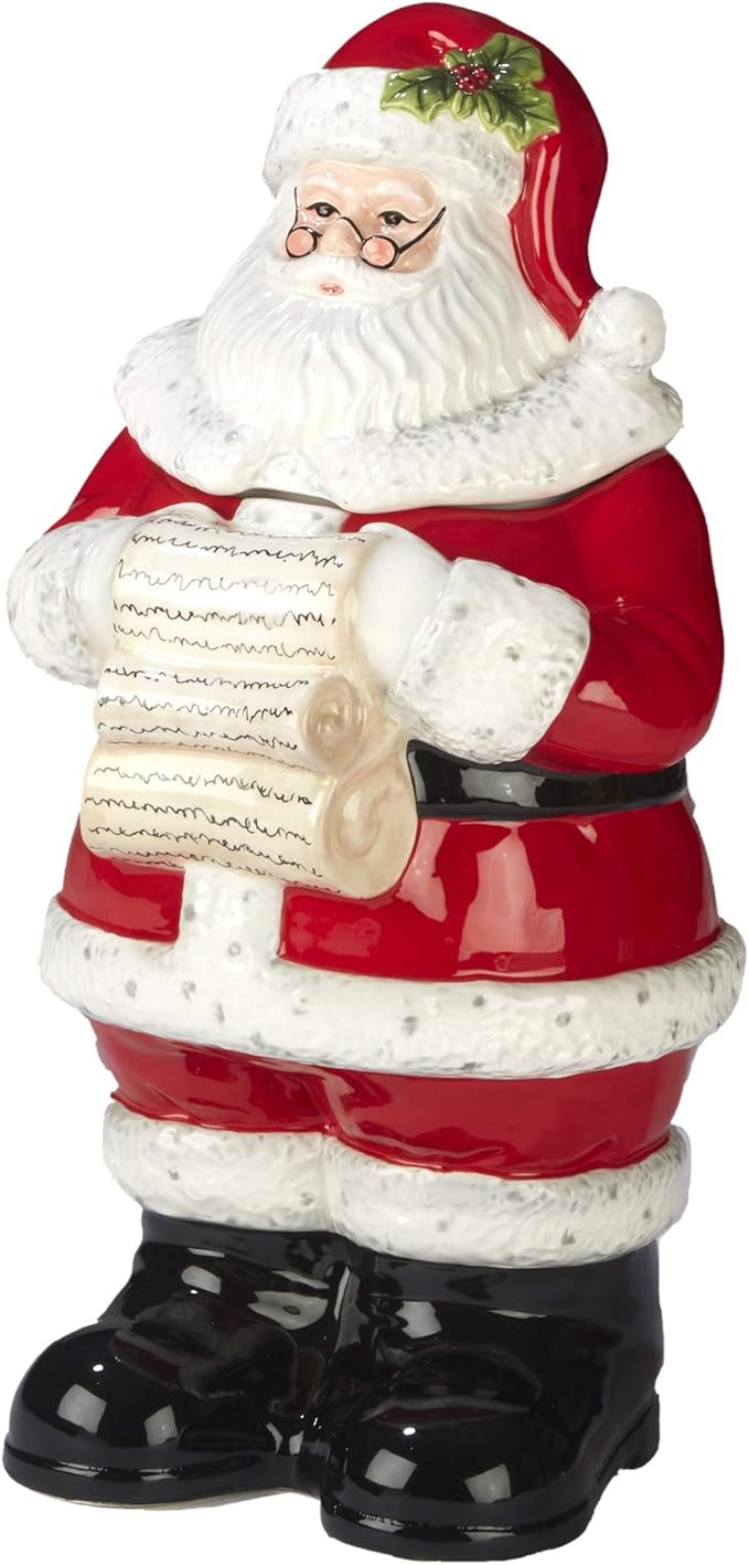 Holiday Wishes 3D Santa Cookie Jar – Festive 12.25” Ceramic Santa Claus Jar for Holiday Cookies, Treats, Candy & Christmas Kitchen Décor