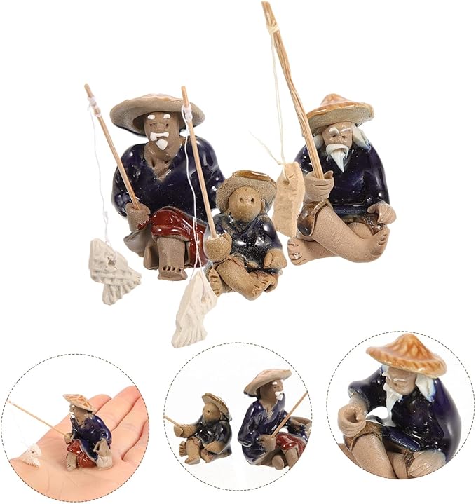 BESPORTBLE Miniature Asian Fisherman Statue Ceramic Fisherman Figurines for Aquarium Bonsai Pot Decor