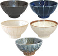 Set of 5 Japanese Ceramic Striped Ichichin Rice Bowls, Deep Soup & Eating Bowls with Distinctive Three-Dimensional Lines,Convenient, Stackable, for Cooking Prep & Serving (Blue and White)