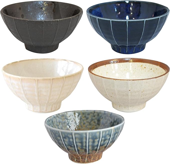 Set of 5 Japanese Ceramic Striped Ichichin Rice Bowls, Deep Soup & Eating Bowls with Distinctive Three-Dimensional Lines,Convenient, Stackable, for Cooking Prep & Serving (Blue and White)