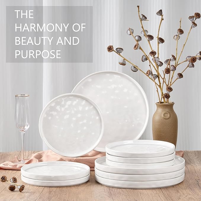 LIANYU 7.9In Ceramic Dinner Plates Set for 4, Porcelain Kitchen Salad Dessert Serving Dishes Set, Modern Round Stoneware Dinnerware Appetizer Plates, Scratch Resistant & Microwavable, Polar White