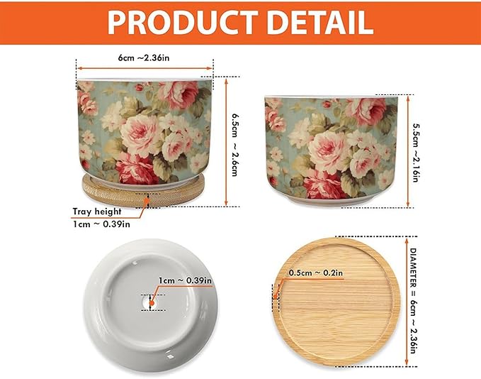 Set of 2 Cottage Chic Antique Pink Flower Small Succulents Pots Pink Cabbage Roses Romantic Ceramics Plant Pot with Drainage Bamboo Trays Oriental Chinoiserie Ceramics Round Planter