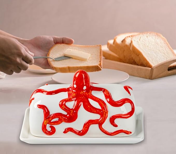 Octopus Butter Dish With Lid For Countertop Ceramic Butter Dish With Cover Red Butter Tray With Lid Butter Holder Large Butter Container For Counter