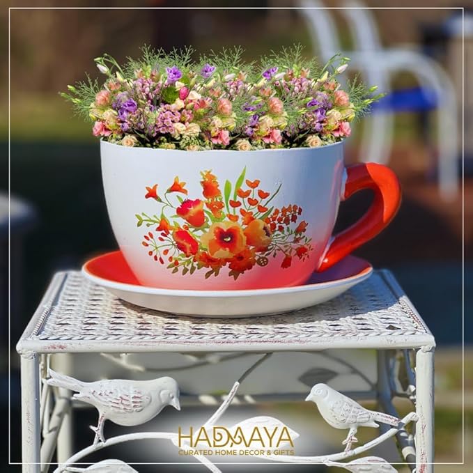 7.5" Round Ceramic Teacup Shape Planter Pot with Saucer for Succulents Orchids Herbs Cactus Indoor Houseplants Flowers for Valentines Day Gift – Orange Poppy Floral