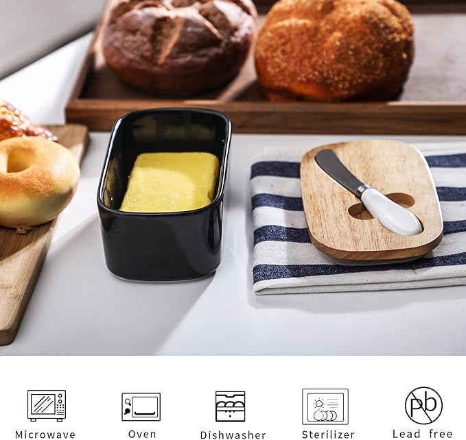 GDCZ Large Ceramic Butter Dish for Countertop Butter Keeper with Silicone Sealing, Natural Wooden Lid and Stainless Steel Knife, Kitchen Decor and Accessories for Kitchen Gifts (Black)