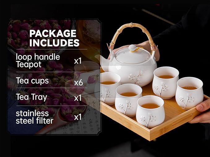 Japanese Tea Set, White Porcelain tea set with 1 Teapot(23 oz/660ml), 6 Tea cups(5.3 oz/150ml), 1 Tea Tray, Golden plum blossom relief, Asian tea sets for adults (Golden plum-White)