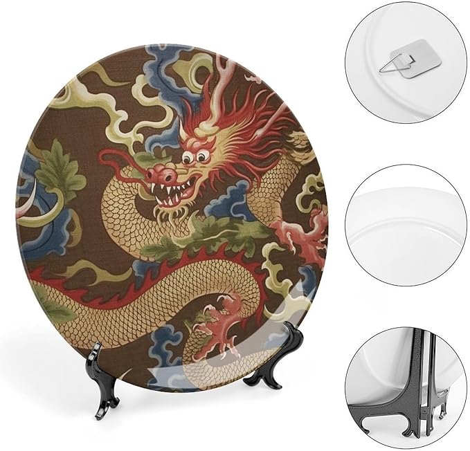 Dragon Gold Oriental Style Asian Ceramic Decorative Plate of 6", 7", 9", 10", Personalized Ceramic Display Plate, Wedding Kitchen Decorations Home, 1 Plate with 1 Display Stand