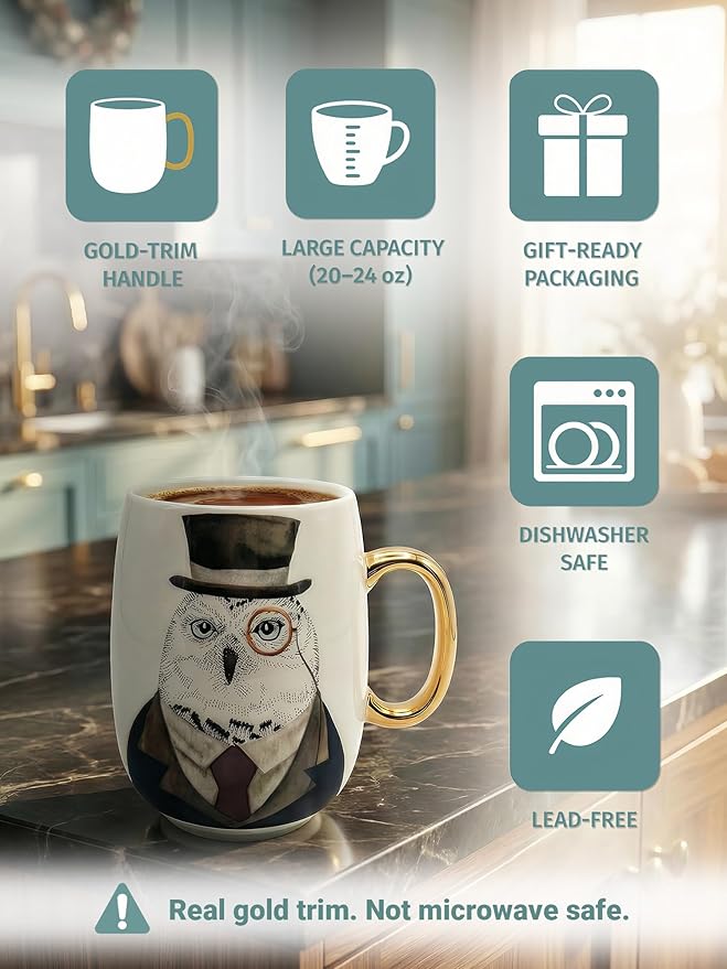 Large 24oz Ceramic Coffee Mug with Gold-Trim Handle, Oversized Porcelain Mug for Coffee, Tea & Hot Chocolate, Hand-Painted Artisan Style, Lead-Free, Gift-Ready Box, Hand Wash Only, Not Microwave Safe