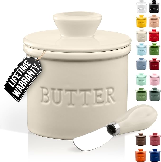 Zulay Kitchen Bell Shaped Butter Crock with Lid for Countertop with Water Line & Spreader Knife, Ceramic French Butter Dish Keeper For Fresh, Soft & Spreadable Butter - Ivory