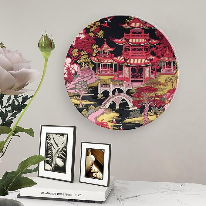 Chinoiserie Charcoal Coral Pagoda Asian China Plates, Personalized Asian Scenic Pagoda Hand-Painted Ceramic Decorative Plates, Office Festival Decorations Display, with 1 Display Stand