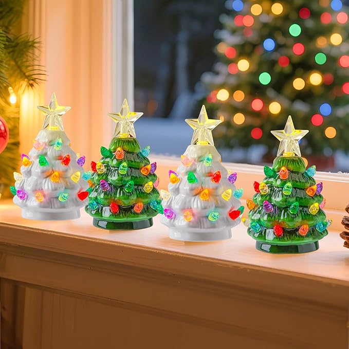 Brightown 4.3 Inch Mini Ceramic Christmas Tree Set - 4 Pack Tabletop Christmas Tree with Multicolored LED Lights, Battery Operated Small Lighted Tree for Home Office Table Holiday Decorations