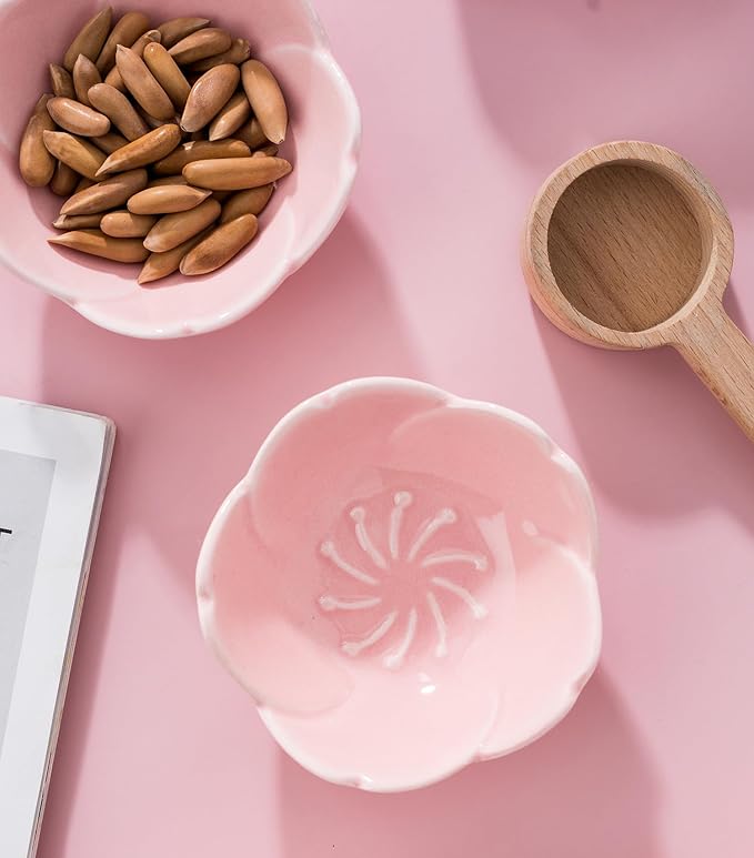 Jusalpha 5 PC Pink Cherry Blossom Ceramic Sauce Dish, Seasoning Dish, Sushi Soy Dipping Bow, Dessert Bowl, Appetizer Plates, Serving Dish for Kitchen Home (Pink, Set of 5)