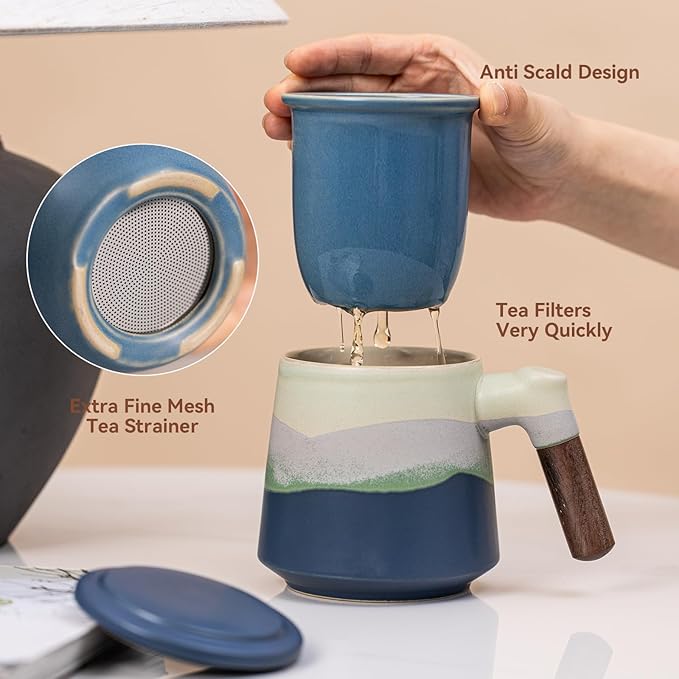 Ceramic Tea Mug with Infuser & Lid, 15oz Kiln-Transformed Unique Cup – Nature's Artisan Design, Loose Leaf Tea Cup with Infuser, Insulated Ceramic Coffee Mugs with Lid, Gift for Women/Men