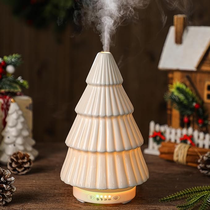 Christmas Essential Oil Diffuser Gifts Ceramic 120ml Christmas Tree Diffuser for Essential Oil Cute Small Aromatherapy Humidifier for Home Office Holiday Decorations(White)
