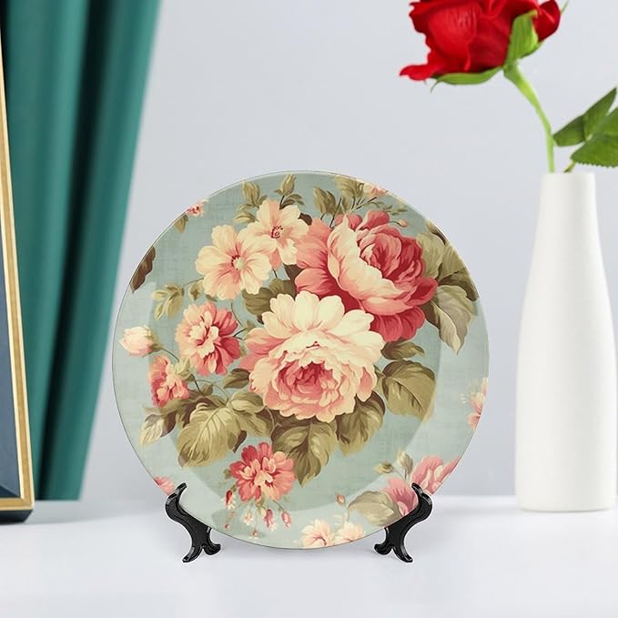China Plates Pink Cabbage Roses Romantic Aqua Personalized Decor for Art Decoration Home Festival Wedding Ceramic Dinner Plates with Display Stand And Hook Up, Multi Sizes, Gifts for Men Women