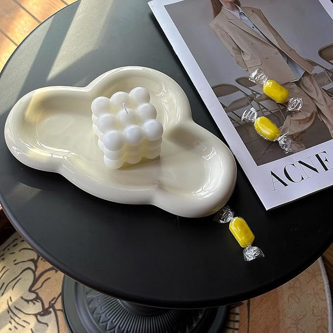 Jewelry Dish Trinket Tray for Women, Ring Dish Holder, Unique Cloud Shape Ceramic Plate Cute Things Vanity Aesthetic Room Decor Mother's Day Birthday (Crème)