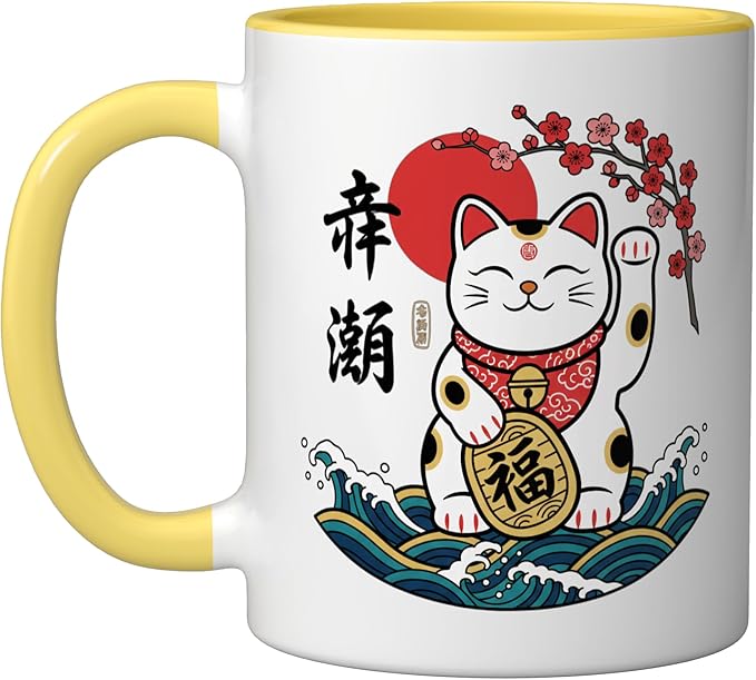 Cat Japanese Lucky Maneki Cat, Lucky Cat With & Bloss Ceramic Mug, Yellow/White
