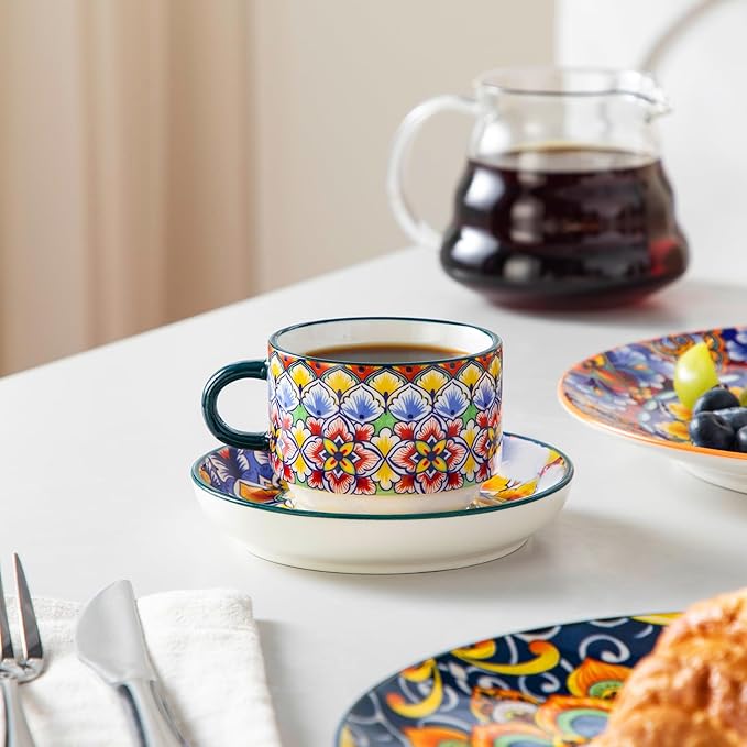 vancasso 4 Oz Stackable Espresso Cups with Saucers and Metal Stand Set of 4,Bohemian Ceramic Cappuccino Cups - Microwave and Dishwasher Safe, Perfect For Tea, Espresso, Latte, Cafe-02