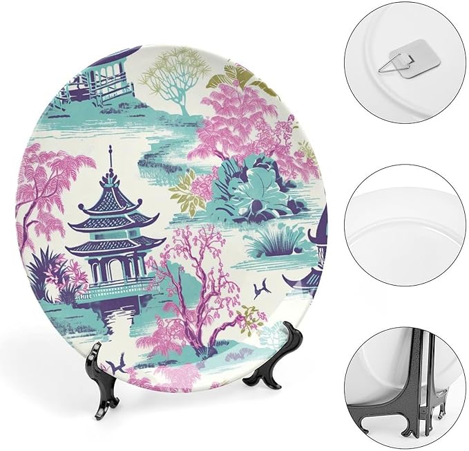 Chinoiserie Pagoda White Coral Blue Asian Plates Ceramic, Chinoiserie Garden Scenery Hand Painted Wall Hanging Decor for Kitchen Household Decor, with Vertical Stand Art Decor for Wall Art Decoration