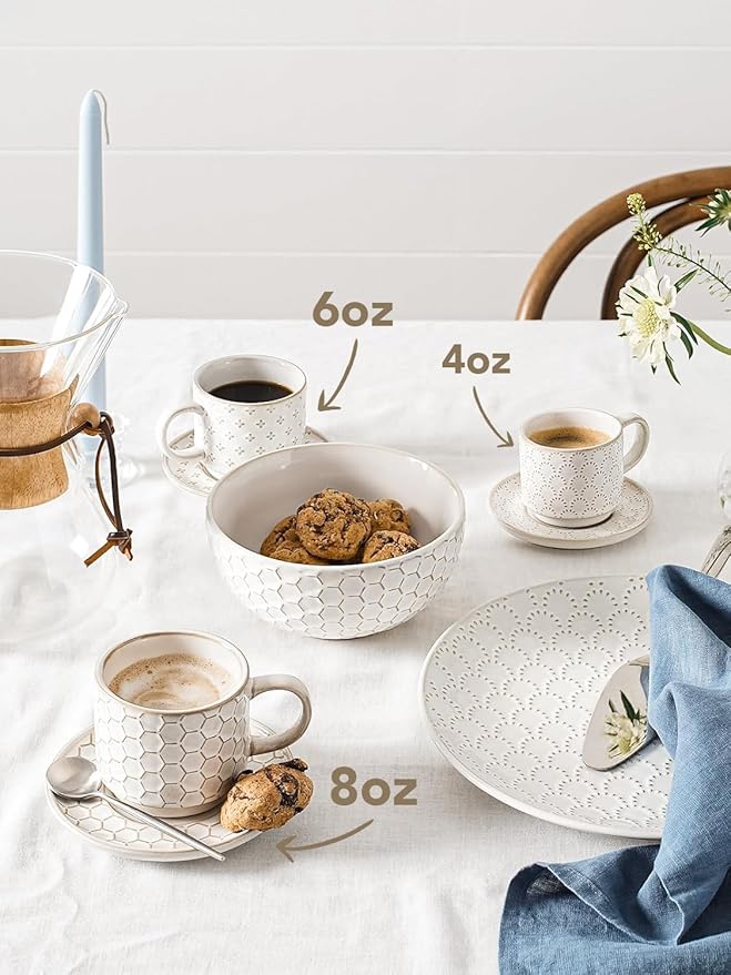 LE TAUCI Stackable Espresso Cups with Saucers and Stand, Set of 4, 4 oz Ceramic Coffee Cup Set for Double Shot, Lungo, Ristretto, Macchiato, Microwave & Oven Safe, Embossed, White