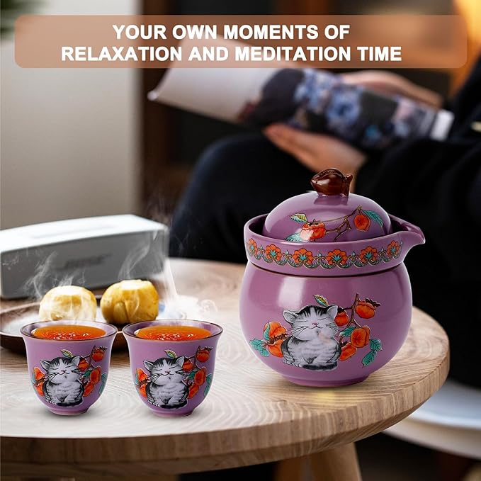 Mini Tea Cups,Cute Lucky Cat Cups,Small Tea Mugs,Porcelain Gongfu Tea set with 3 in 1,Tea Sets for Adults,Ceramic Tea Infuser Cup for Loose Leaf for Women/Tea Lovers/Birthday/Easter's Day (Purple)