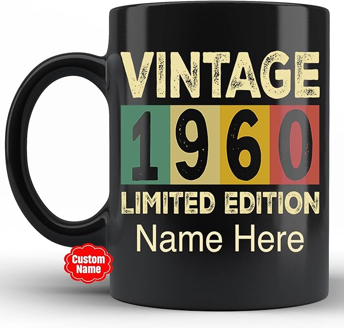 PREZZY Vintage 1960 Limited Edition 63rd Birthday Decorations Personalized Gifts for Women Men Mothers Day Fathers Day Gift 63 Year Old Birthday Mug Customized Name Ceramic Black Tea Cup 11oz 15oz