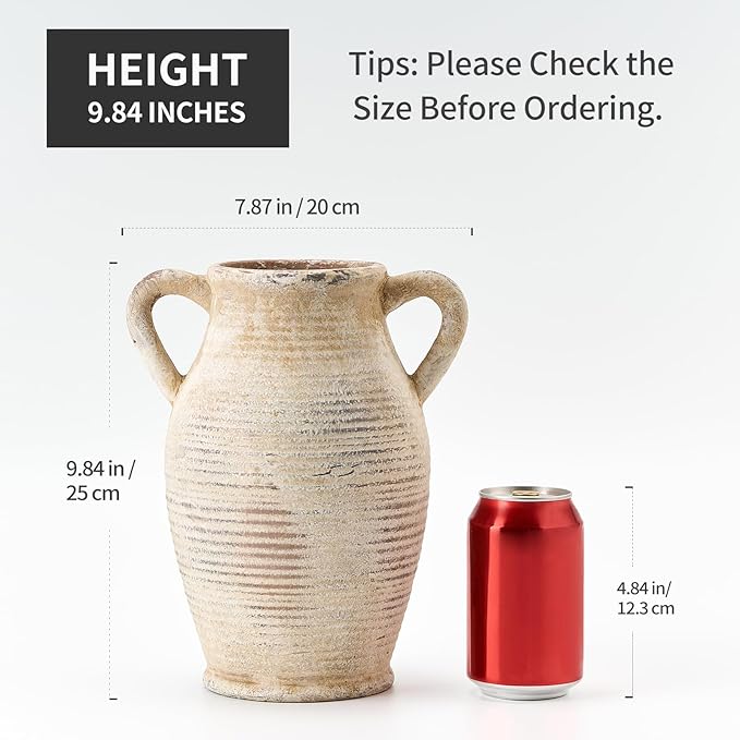 Emotionally Grounded Vase, Vaseking Large Ceramic Rustic Vase with 2 Handles, 9.8 inch Minimalist Decorative Farmhouse Tall Vases for Home Decor, Living Room, Enterway, Table Decoration, Gray