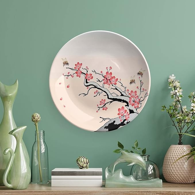XISUNYA 8 Inch Decorative Plate, Janpese Decor Dinner Plate, Flowering Cherry Branch with Flying Bees Summer Print Ceramic Wall Hanging for Home Office Party Dinner Table Decor