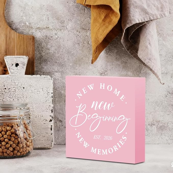 Rustic 2026 New Home Housewarming Gifts Ideas for Women Men Friend Home Desk Shelf Decor - 5.1 x 5.1 Inches New Memories Decor Accessories - Pink