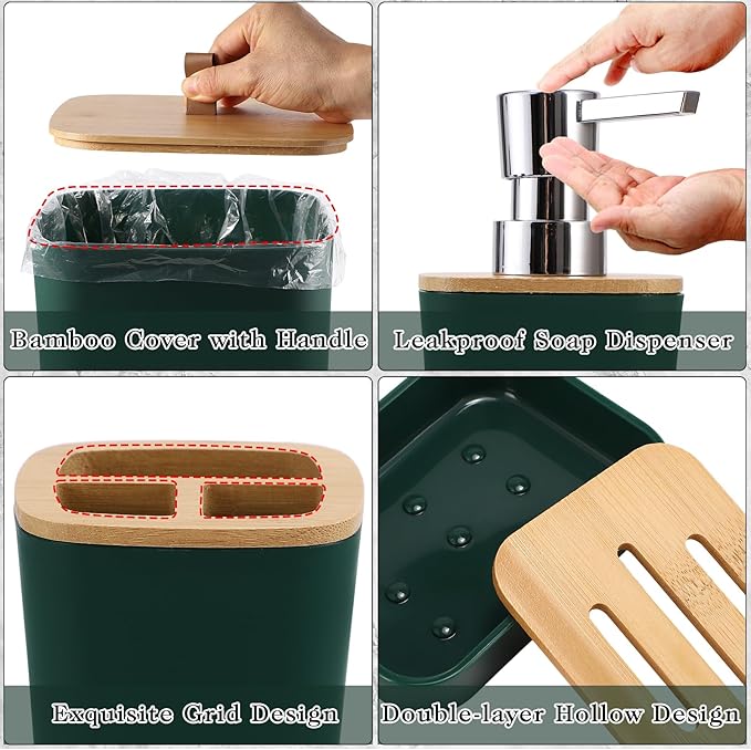 Dark Green Bathroom Accessories, Green Bathroom Accessories Set with Trash Can, Soap Dispenser, Toothbrush Holder, Toothbrush Cup, Soap Dish, Toilet Brush, Tray and Q-tip Holders