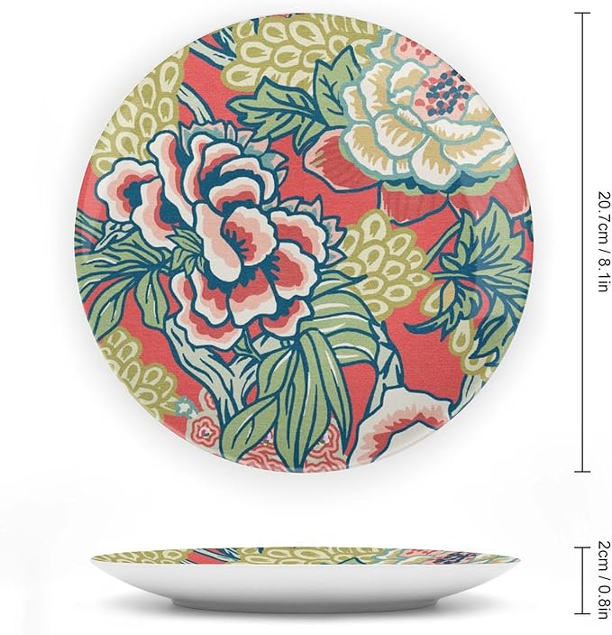 Red And Yellow Chinoiserie Peony Floral Decorative Plate for Display Colorful Chinoiserie Flower Table Housewarming Gifts Supplies Wedding Home Holiday Party Decorations Customize Gifts Holiday